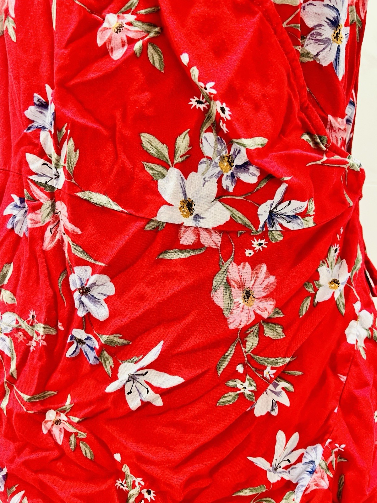 Red Floral V-Neck Strappy Wrap Mini Dress, Ruffle Hem Adjustable Tie L