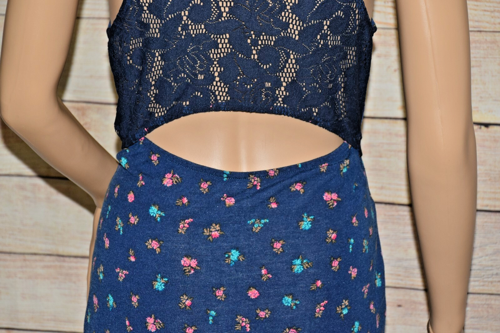 NWT BONGO M NAVY BLUE FLORAL LACE OPEN BACK CUT OUT HIGH NECK STRETCH TANK DRESS