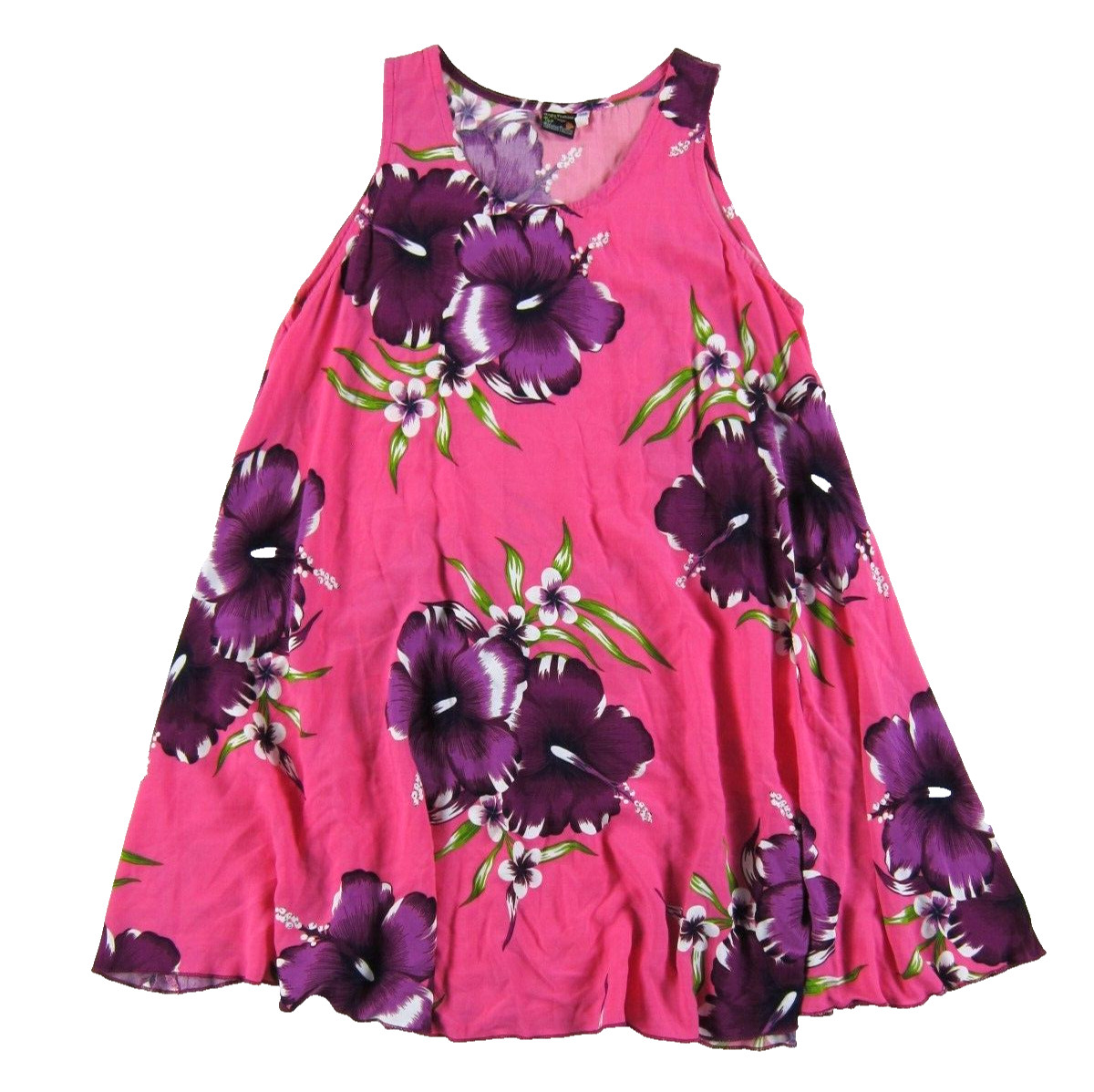 VTG Aloha Fashion 100% Rayon Pink Purple Green Floral Hawaiian Tank Dress Large
