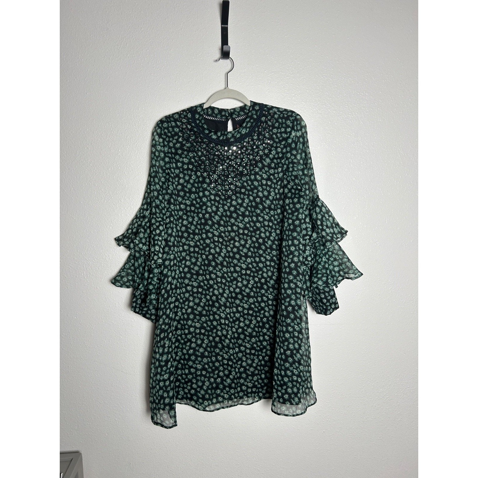 Ranna Gill Anthropologie Womens Dress Green Floral Fluttered Boho Size Med