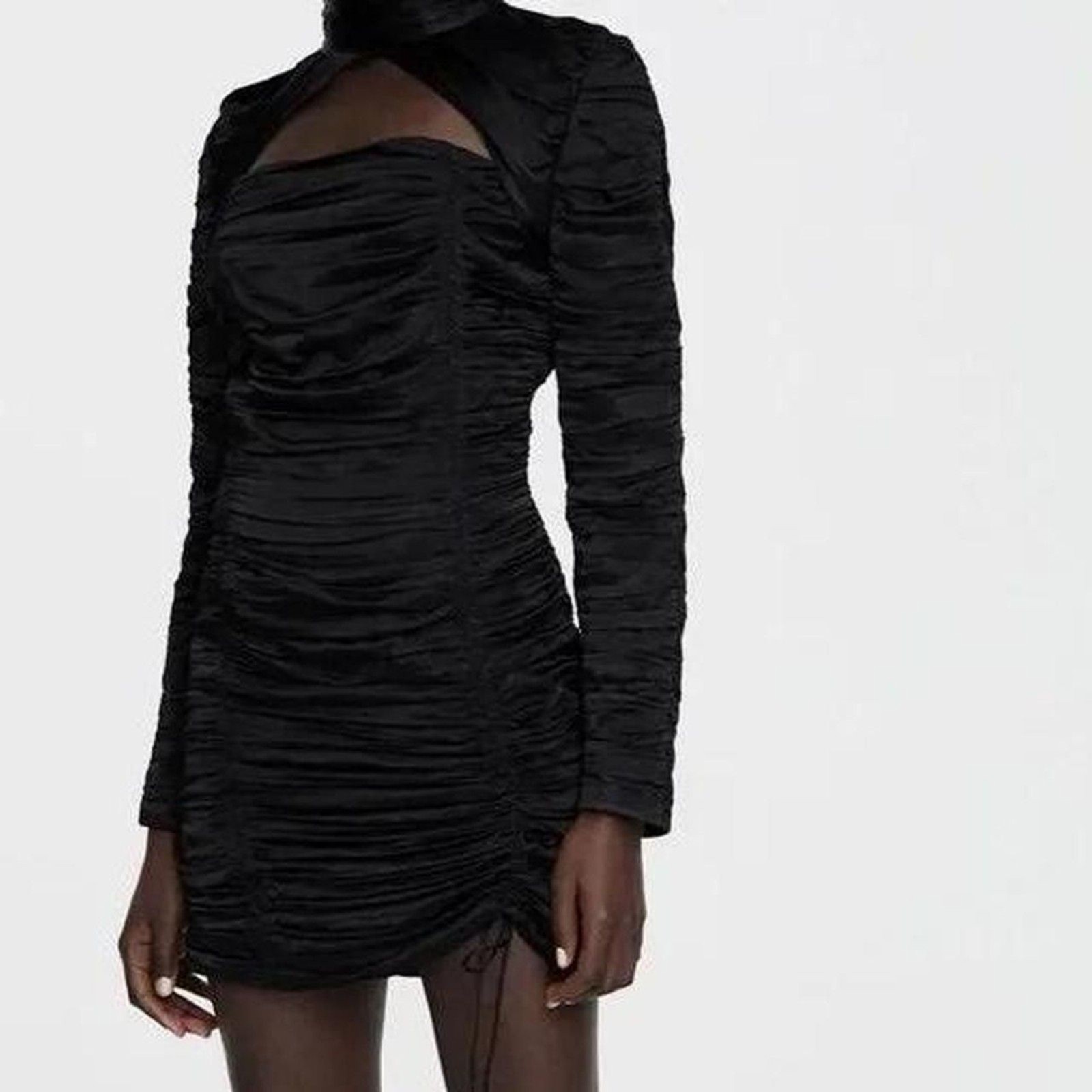Zara Black Ruched Mini Dress — Cutout Mock Neck, Bodycon, Going Out