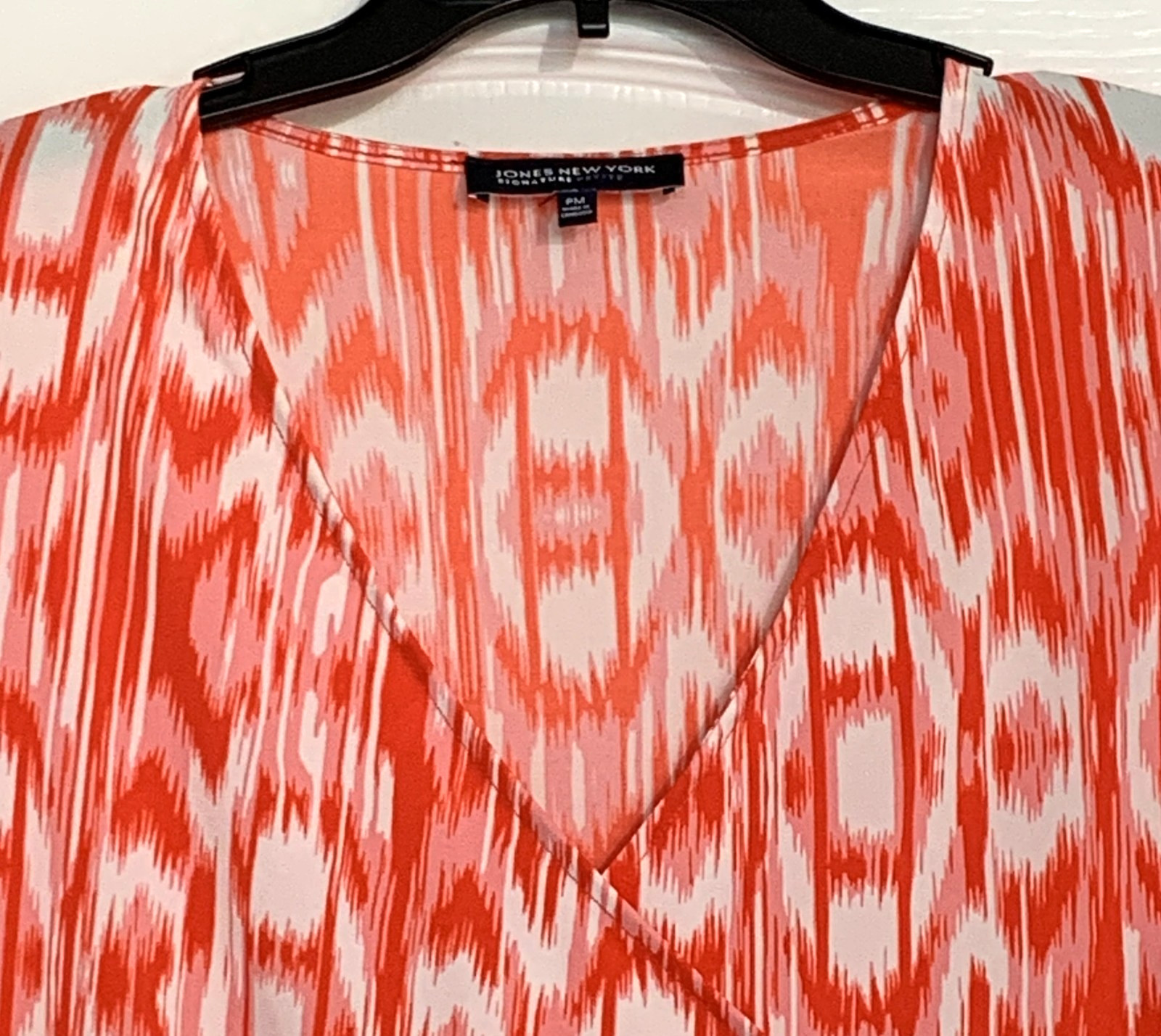 Lady’s Sz PM Orange & White Geo Wrap Look Dress by Jones New York V-Nk Cap Slv