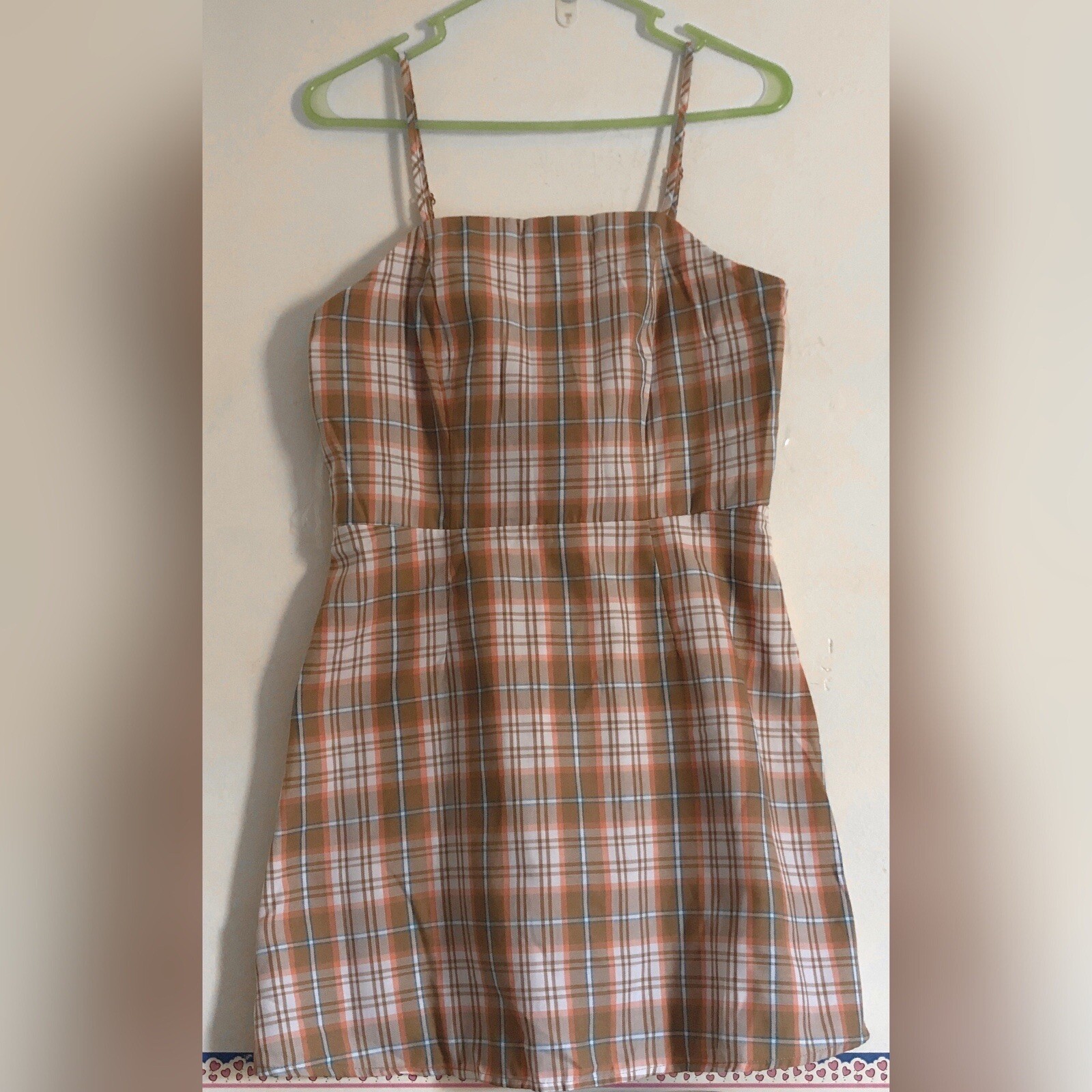 No Boundaries Tan White Orange Blue Plaid Mini Sleeveless Pinafore Dress Size M