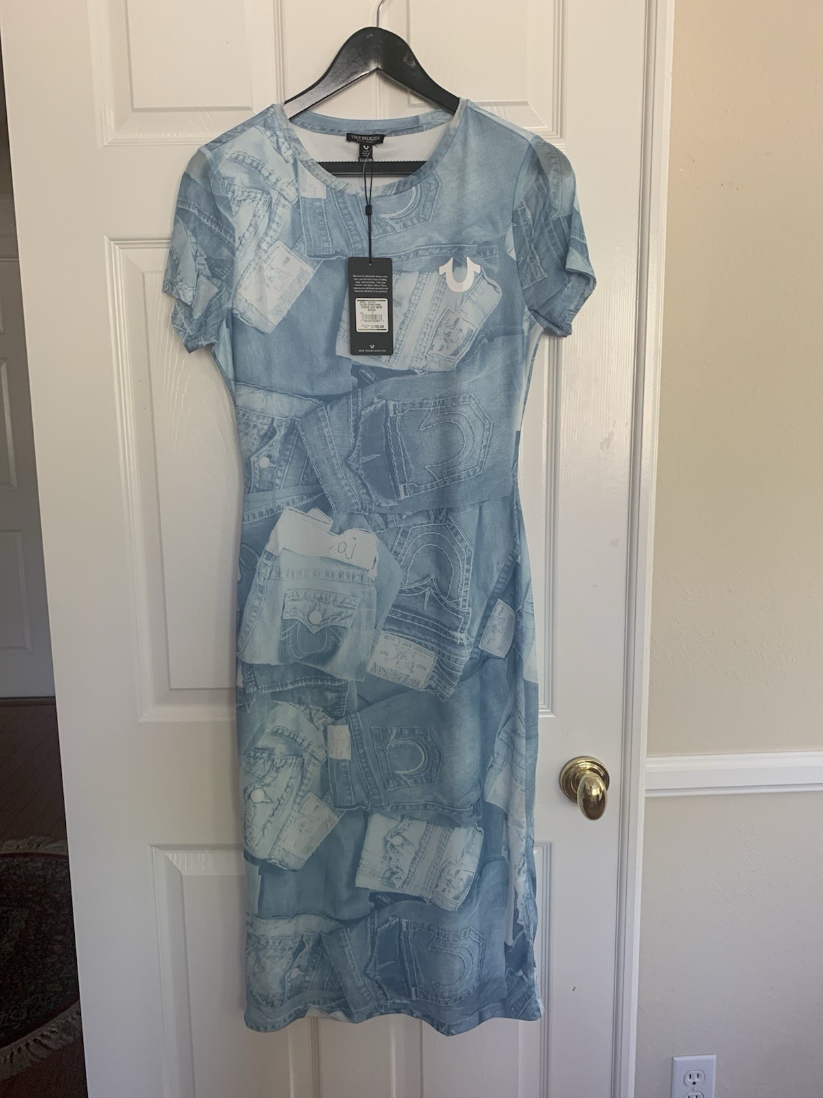 NEW True Religion Dress: Blue Jeans Print Mesh, Midi, Bodycon, Crewneck Lined L