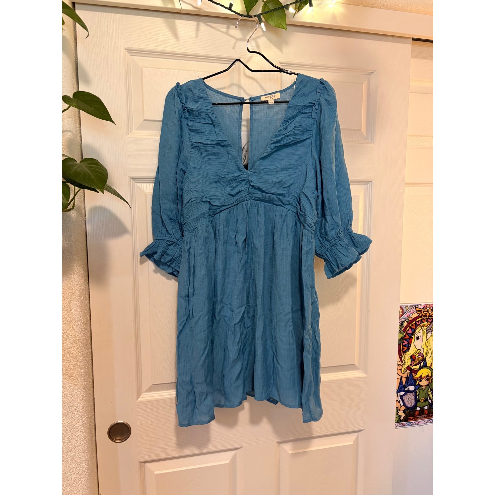 Umgee USA Blue Ruffle Babydoll Mini Dress V-Neck Open Back A0017 Womens Medium