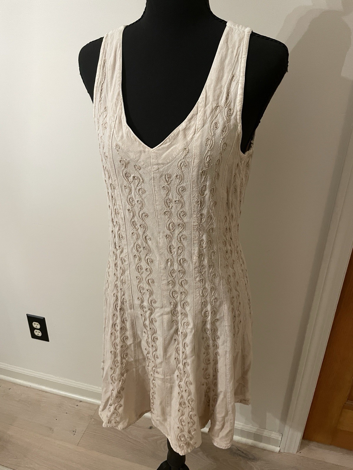 Sacred Threads Cream Tan Mini Dress Hippie Boho Embroidered Bohemian Flowy, M