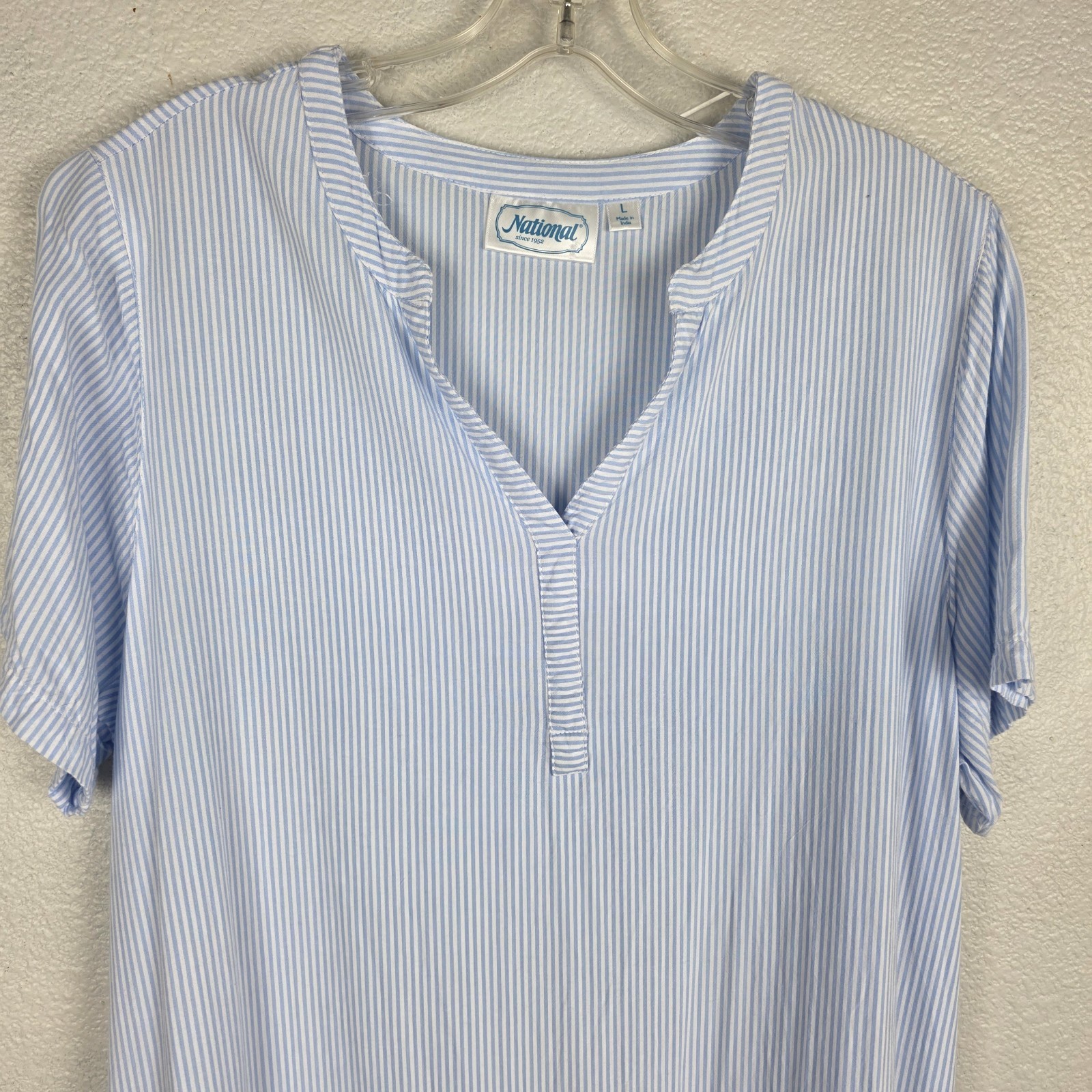 National Blue White Stripe Tiered Midi Dress L Rayon Casual Cottagecore Coastal