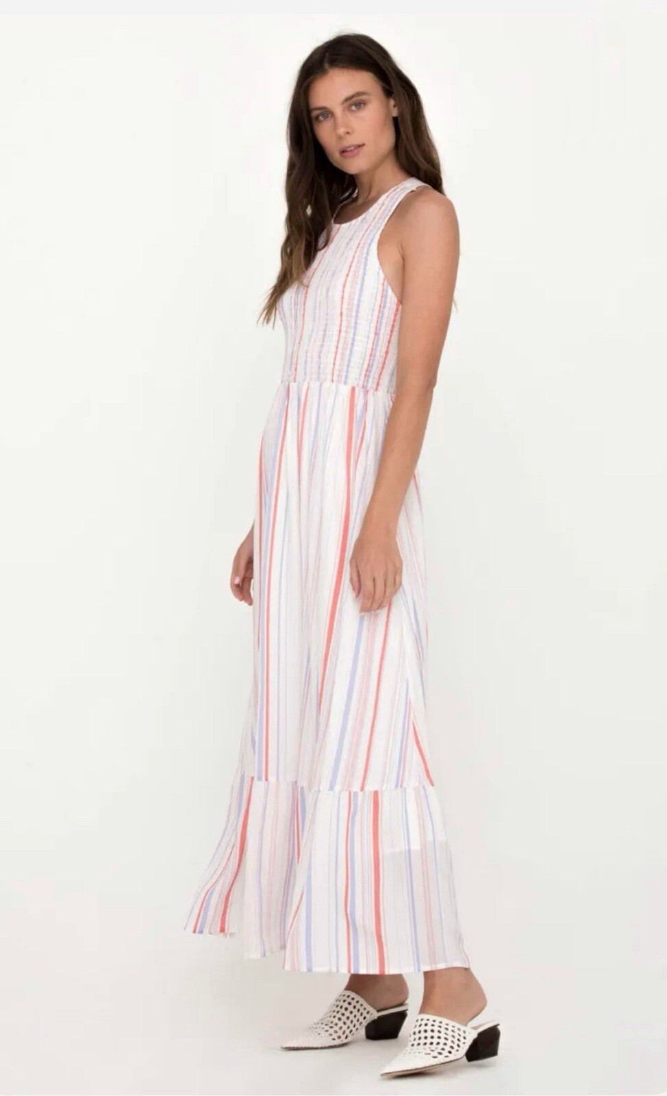 Miss Me White Striped Maxi Sundress S Smocked Racerback Tiered Resort Beach Boho