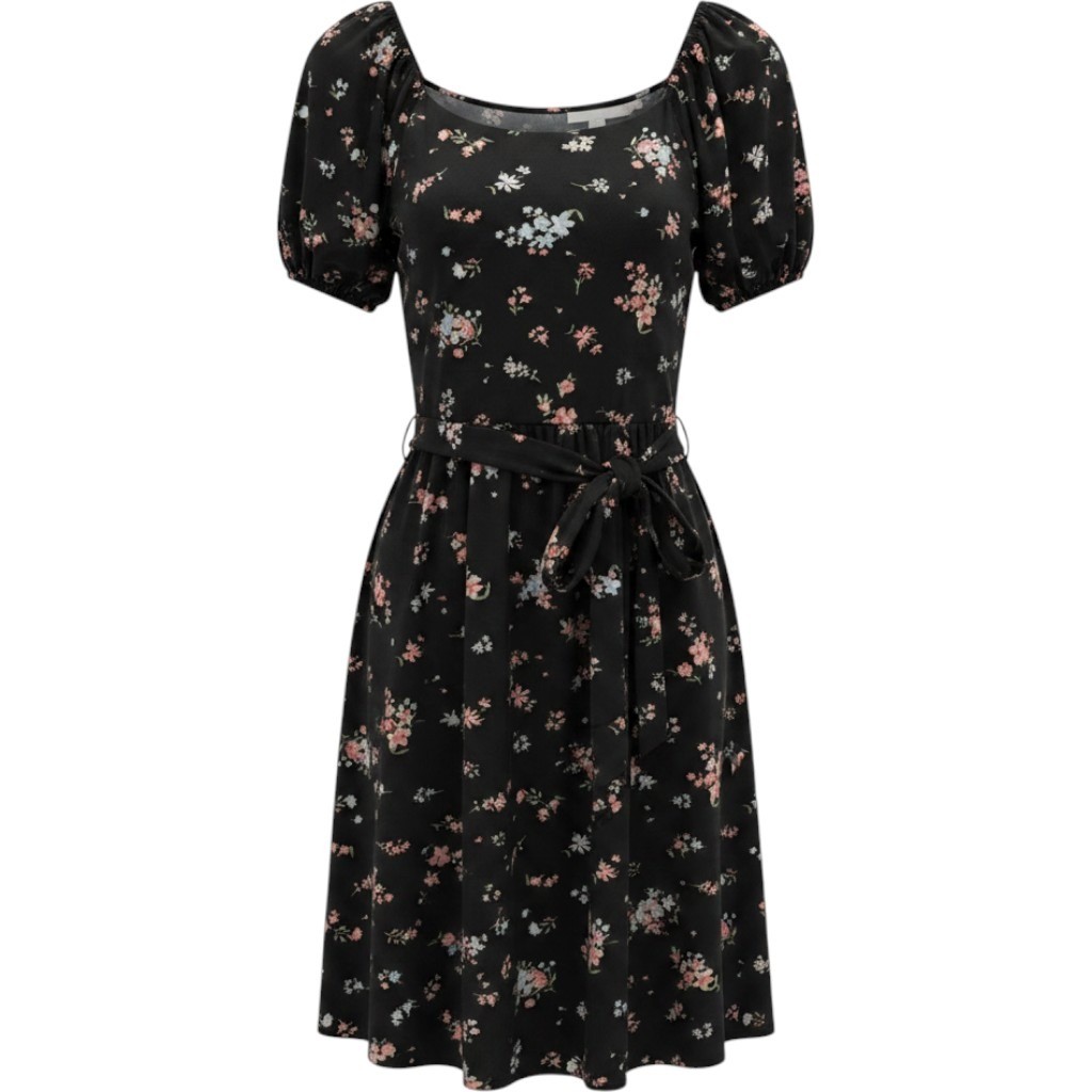 Black Floral Puff Sleeve Button Front High Low Tie Waist Dress Womens Large