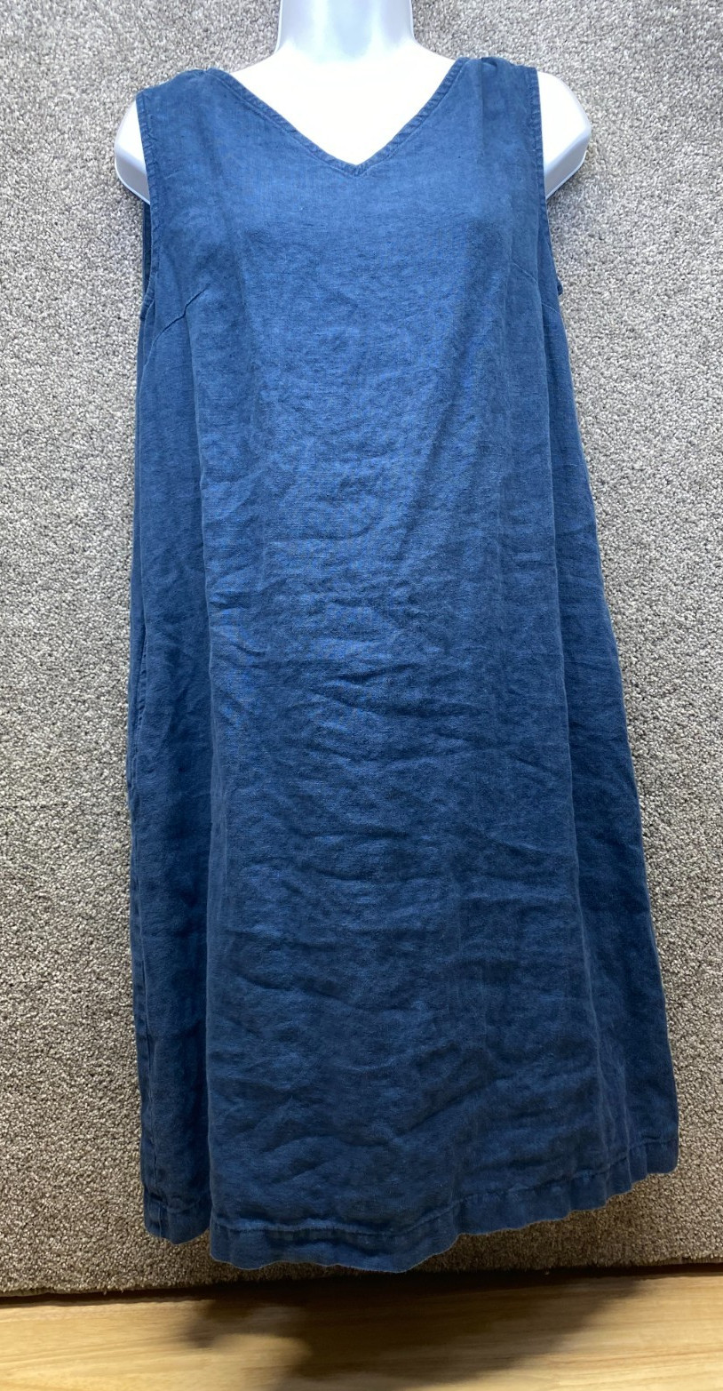 Linen Fox Womens XS Navy Blue Dress A-Line Midi Pockets V Neck Lagenlook