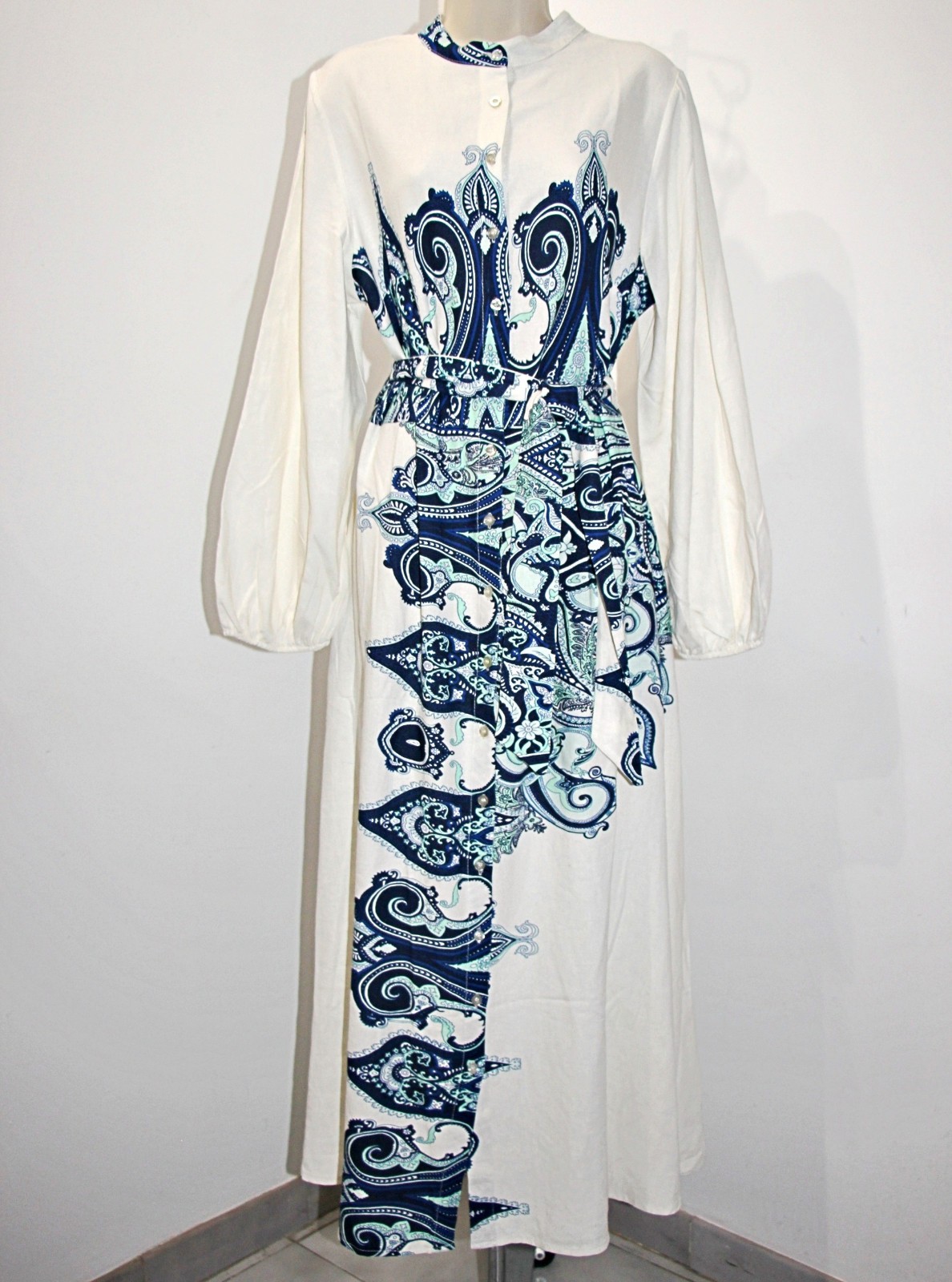 Le Ragazze Linen Blend Button Front Pockets Belted Maxi Shirt Dress sz L