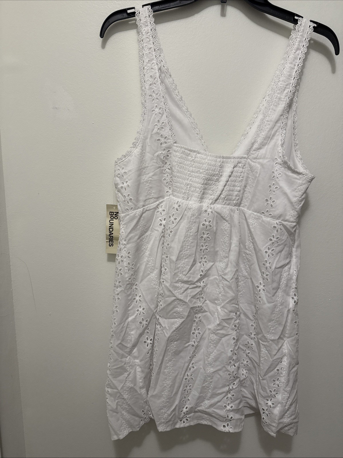 No Boundaries Women’s Size L Eyelet Cotton Lace Trim Plunge Mini Dress, NWT