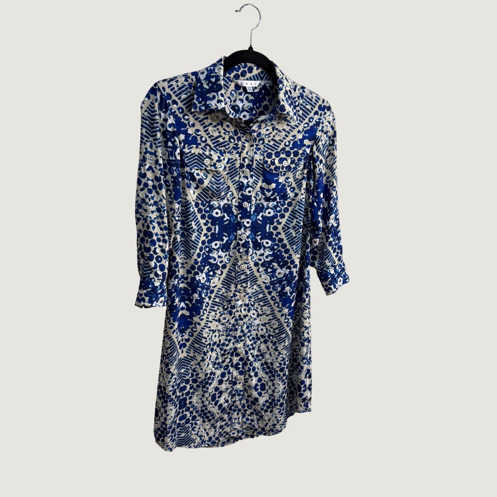 Cabi Blue Cream Geometric Kaleidoscope Print Button Down Shirt Dress Coastal XS