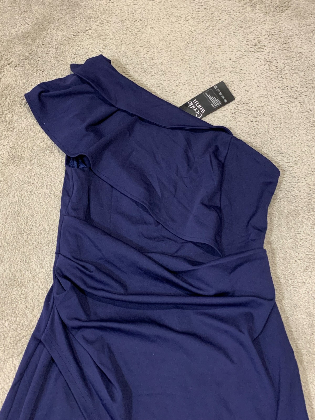 Gentle Warm Navy Dress Womens Size Large One Shoulder Front Slit Stretch Classic