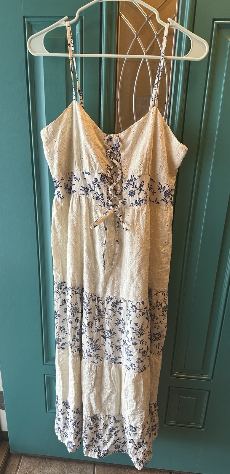 Sim & Sam Cream Blue Floral Eyelet Lace Up Tiered Boho Maxi Dress XLg
