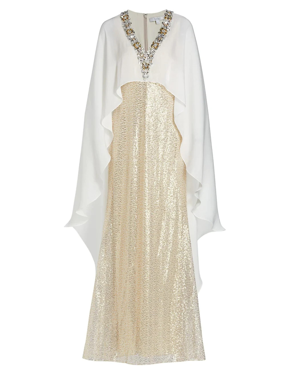 Badgley Mischka Sequined Cape Dress Gold sz 0 Modest $1300 NWT OSCAR GALA MOB