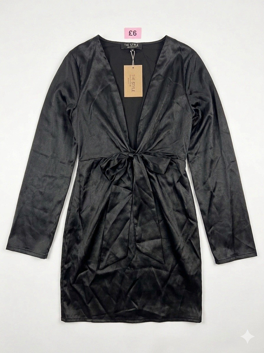 In The Style Black Satin Tie Front Dress Size 8 Long Sleeve