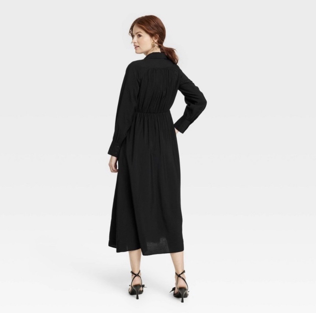 Women’s Black Collared Button-Front Long Sleeve Midi Shirt Dress Pockets M