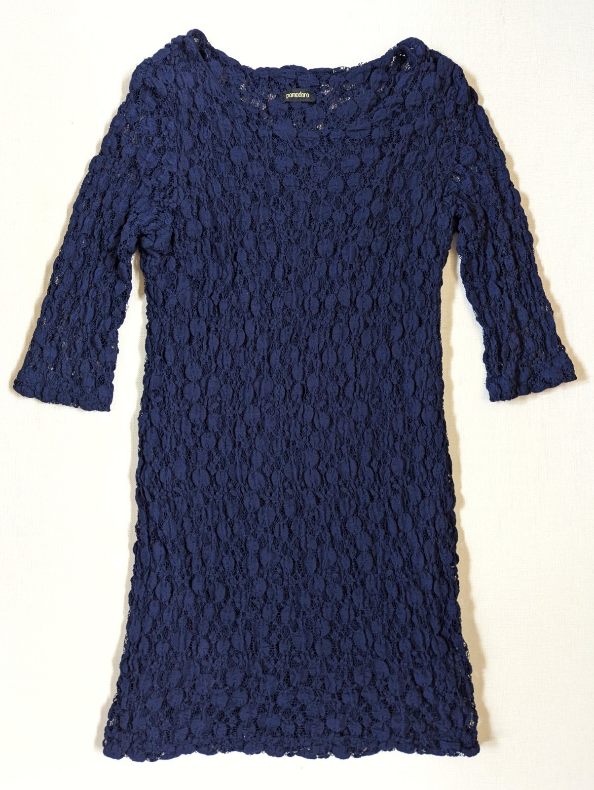Pomodora Navy Lace Overlay Dress Elegant 3/4 Sleeve Size 16 Pre-owned Excellent