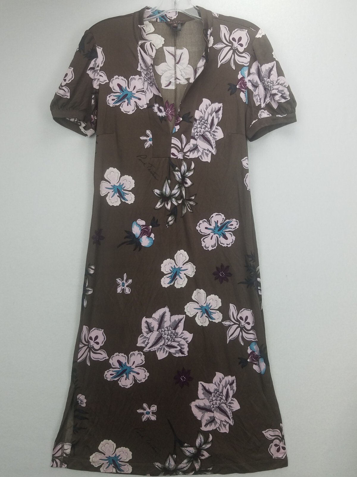 Pink Tartan Womens Dress SZ L Floral Brown Base Teal Purple Tan Hints Silk