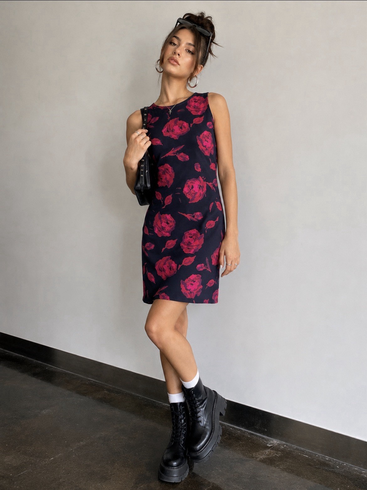 Vintage Kathy Lee Women’s Floral Shift Dress Black Pink Rose Sleeveless 90’s
