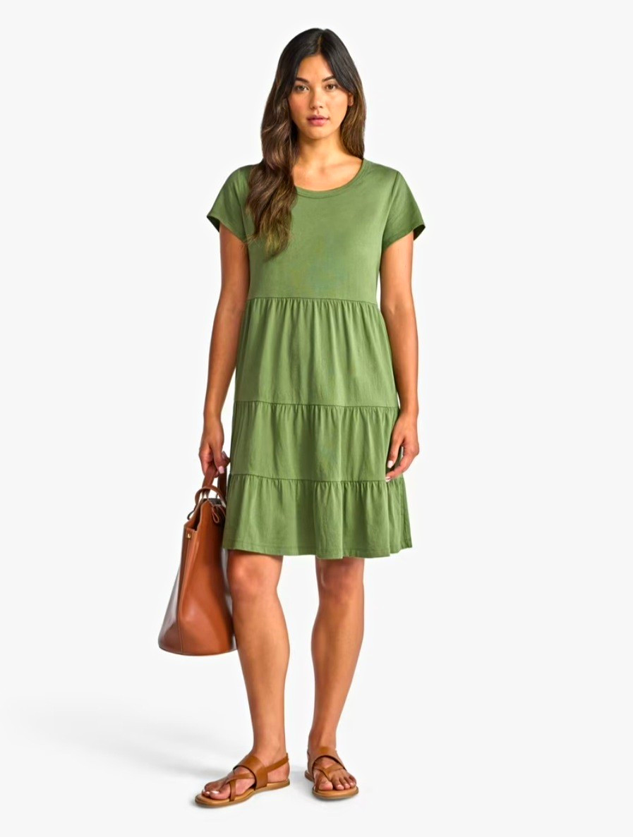 Time and Tru Women’s Green Solid Knit Tiered Pockets Round Neck Dress XS