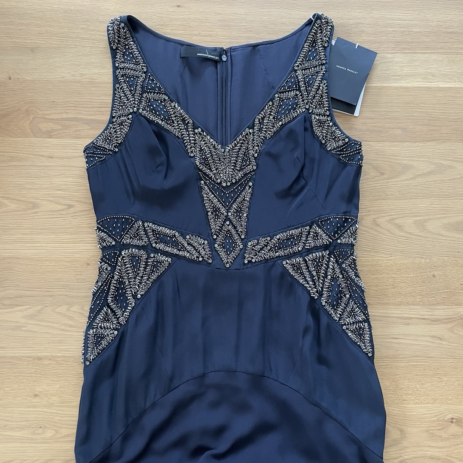 AMANDA WAKELEY Jelena Navy Gown, Size AU/UK 14 US 10, Beaded Silk Evening Dress