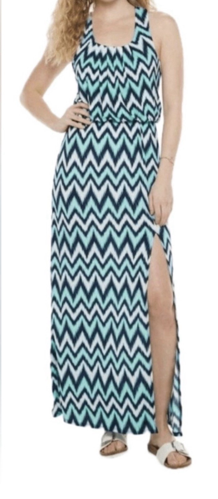 Women’s M Blue White Black Chevron Scoop Neck Strappy Sleeveless Maxi Dress
