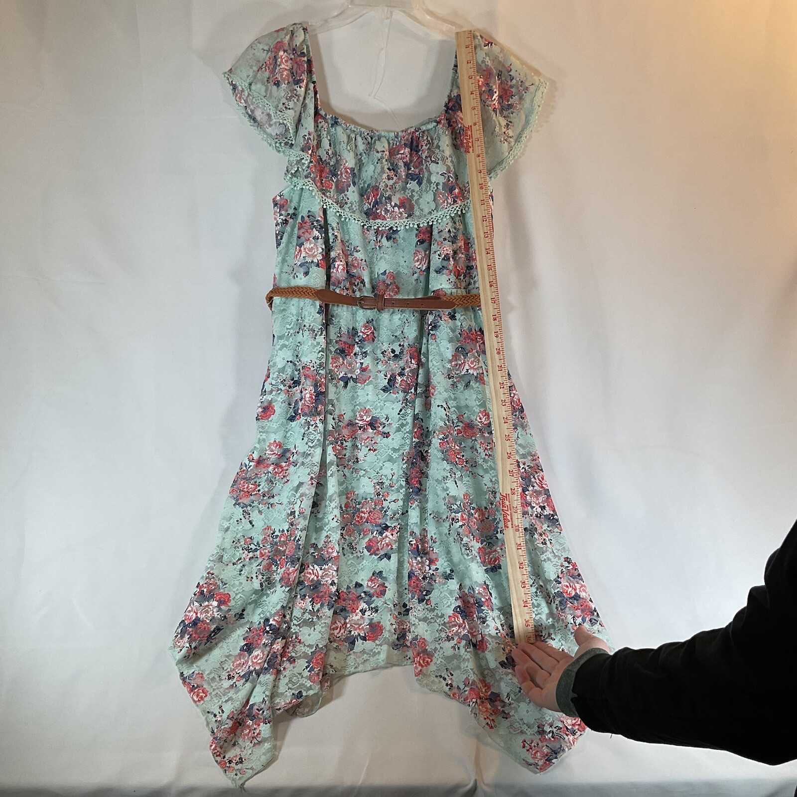 No Bounderies Aqua/Mint Blue Floral Lace dress with Belt, Junior size XXL