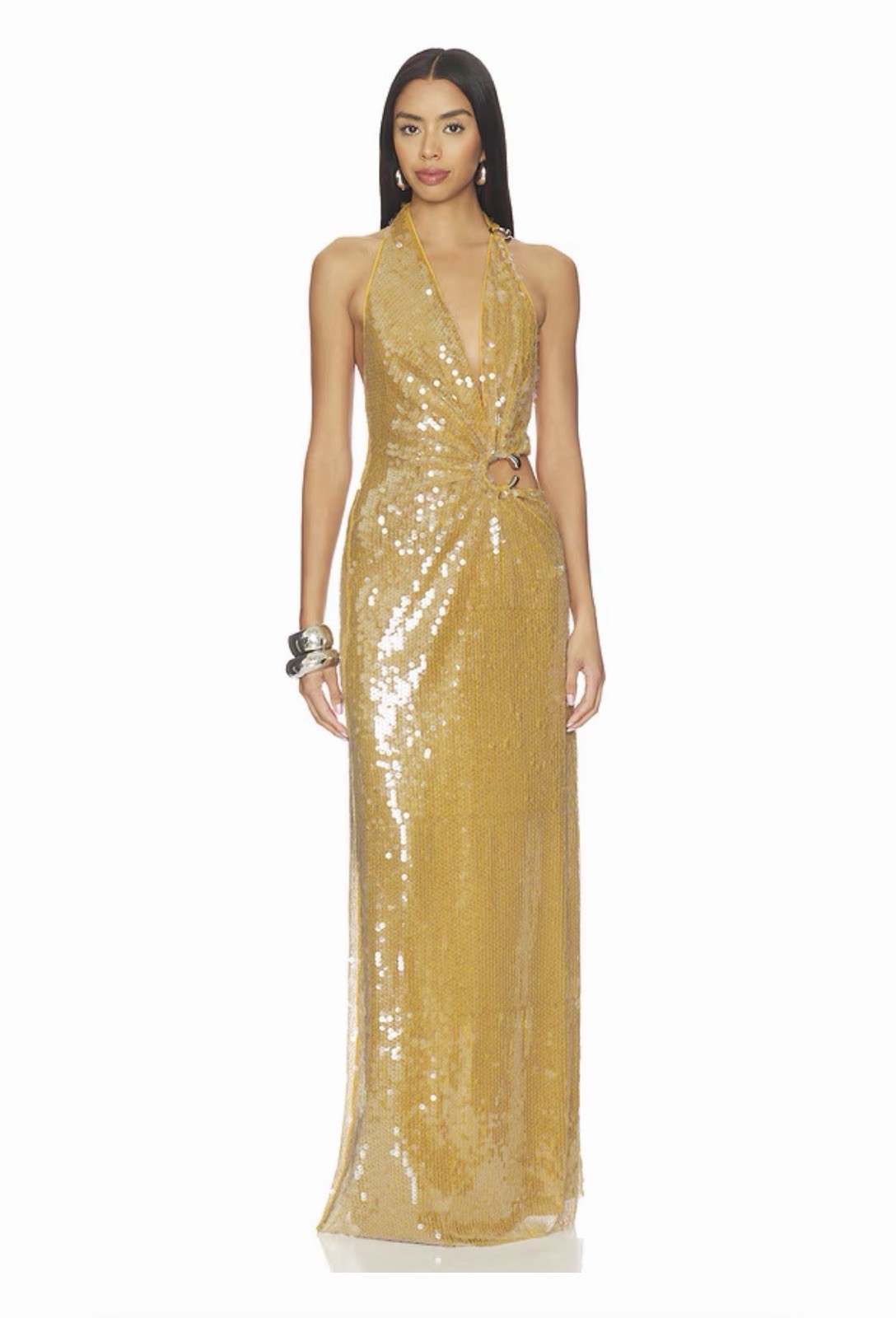 MISHA Gold Sequin Halter Gown with Side Ring Detail Size small