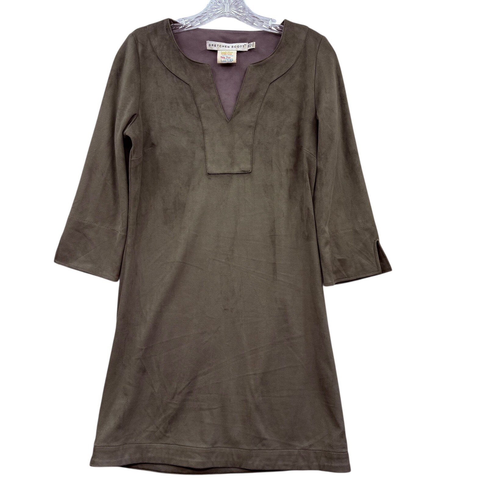 Gretchen Scott Women’s Faux Suede Dress Shift Mini 3/4 Sleeve Grey Brown XS