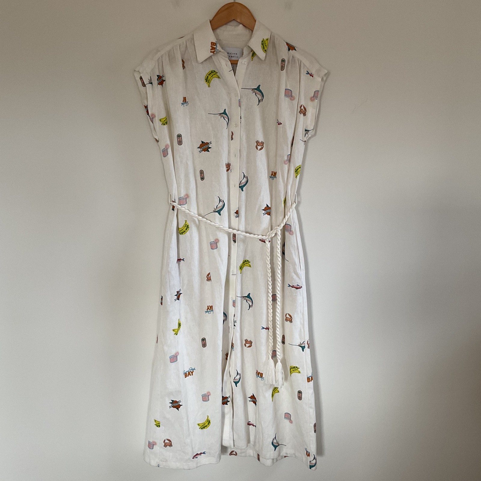 Maison D’Amelie Tropical Bay Linen Blend Shirt Dress XS blue marlins Rope Belt