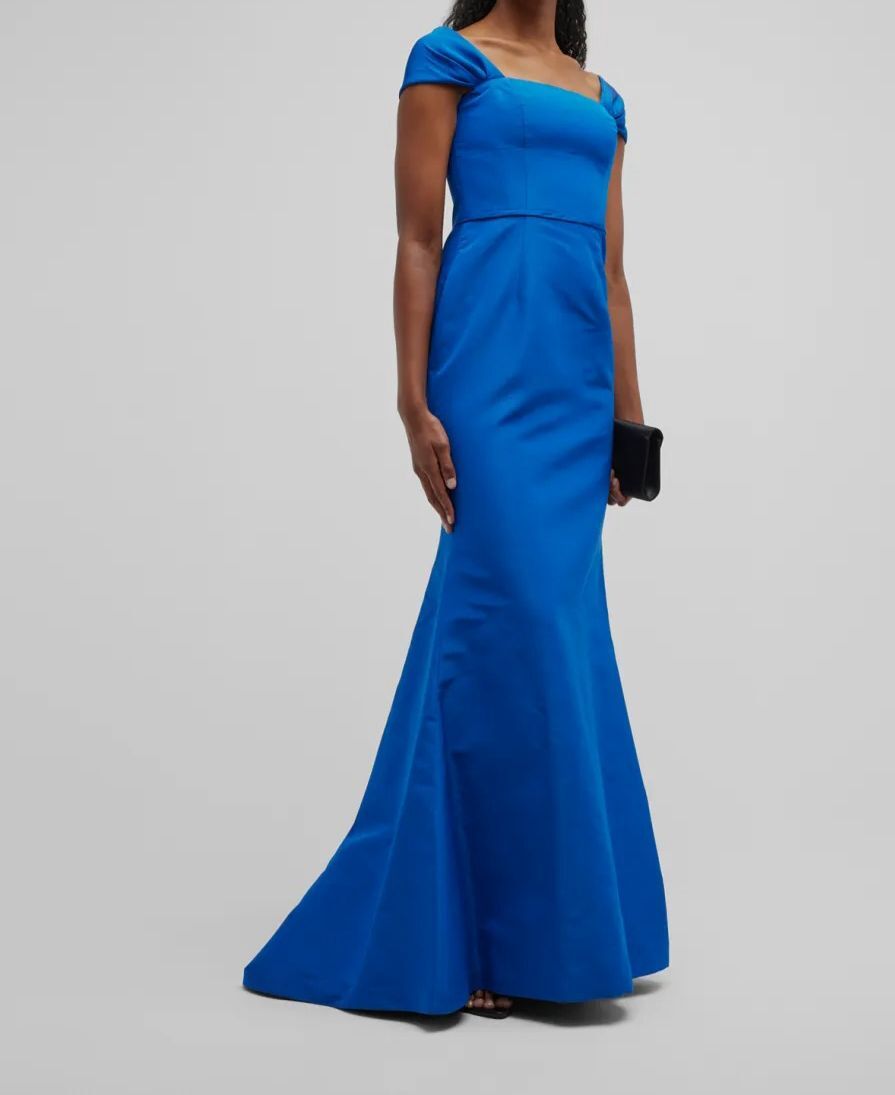 $4290 Carolina Herrera Women’s Blue Silk Off-The-Shoulder Gown Dress Size 12