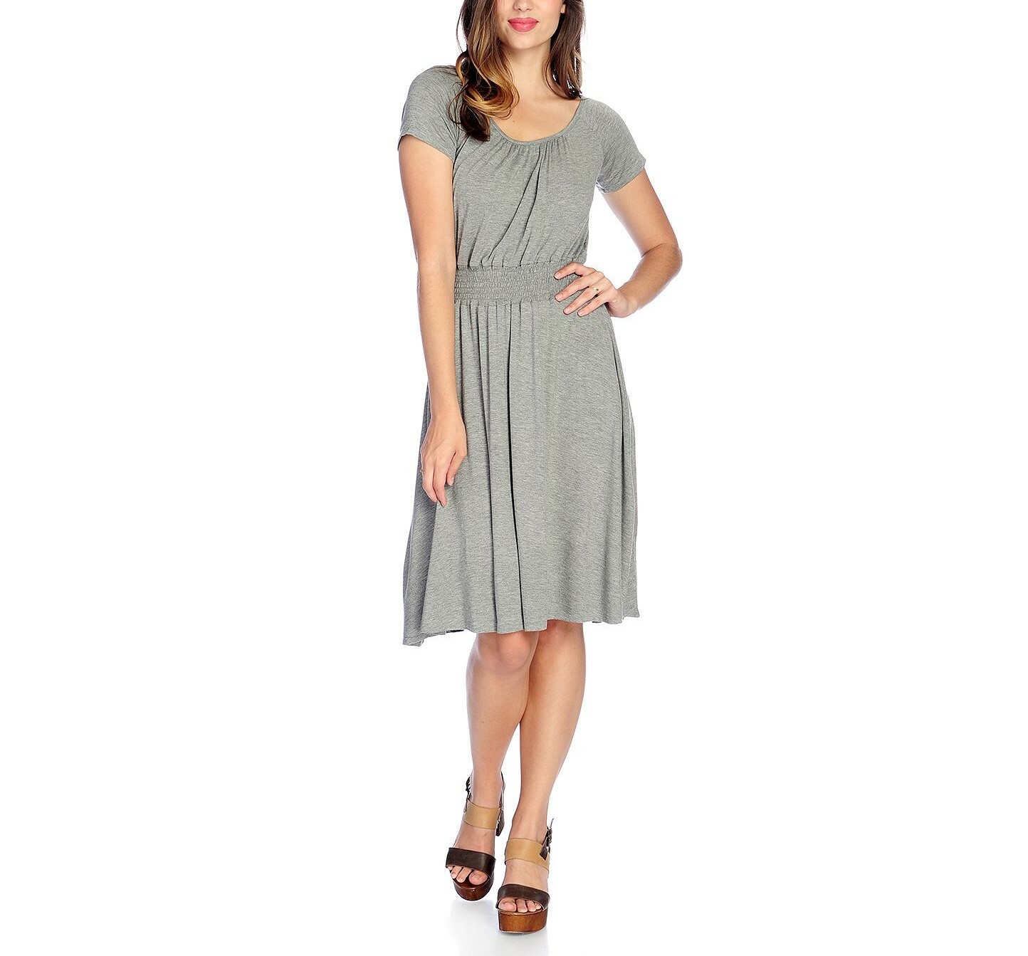 NEW OSO Casuals Stretch Knit Raglan Sleeve Smocked Waist Scoop Neck Dress Gray