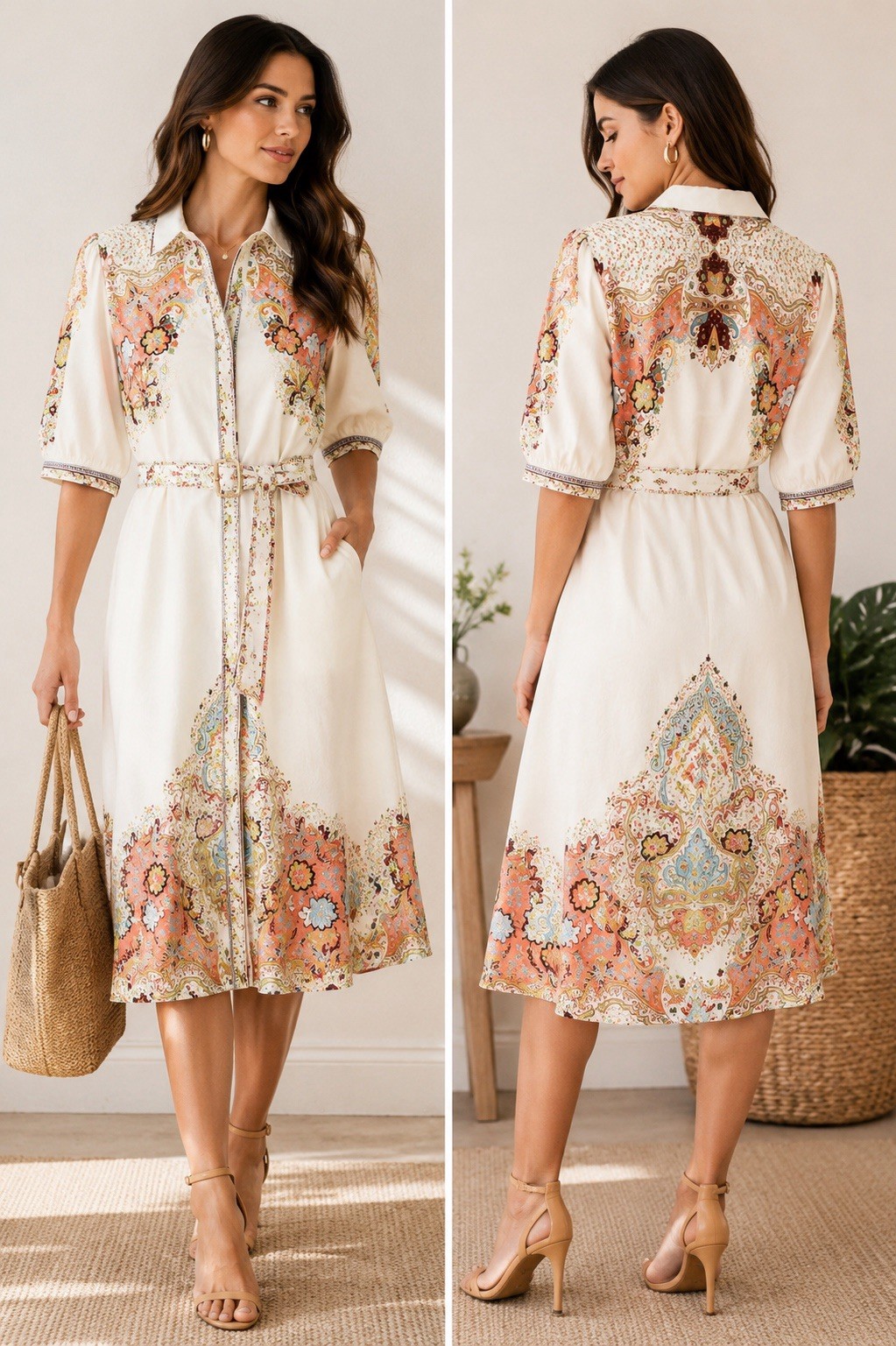 Ivory Paisley Belted Shirt Midi Dress Boho Floral Half Sleeve Size M NWOT