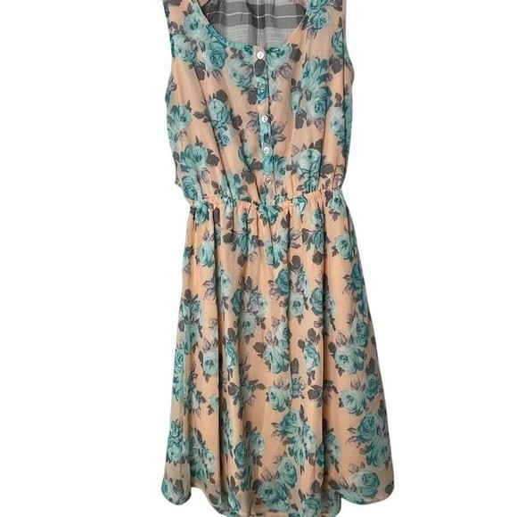 Exhilaration Sun dress Small peach/green w/lace cutouts/back open flannel