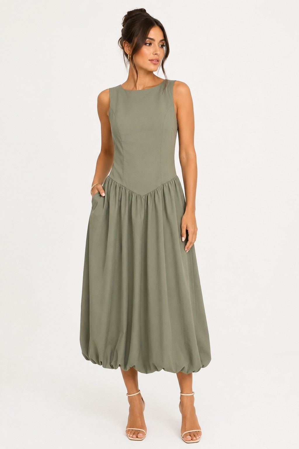 Camila Coelho Drop Waist Bubble Hem Open Back Midi/Maxi Dress in Sage Green M