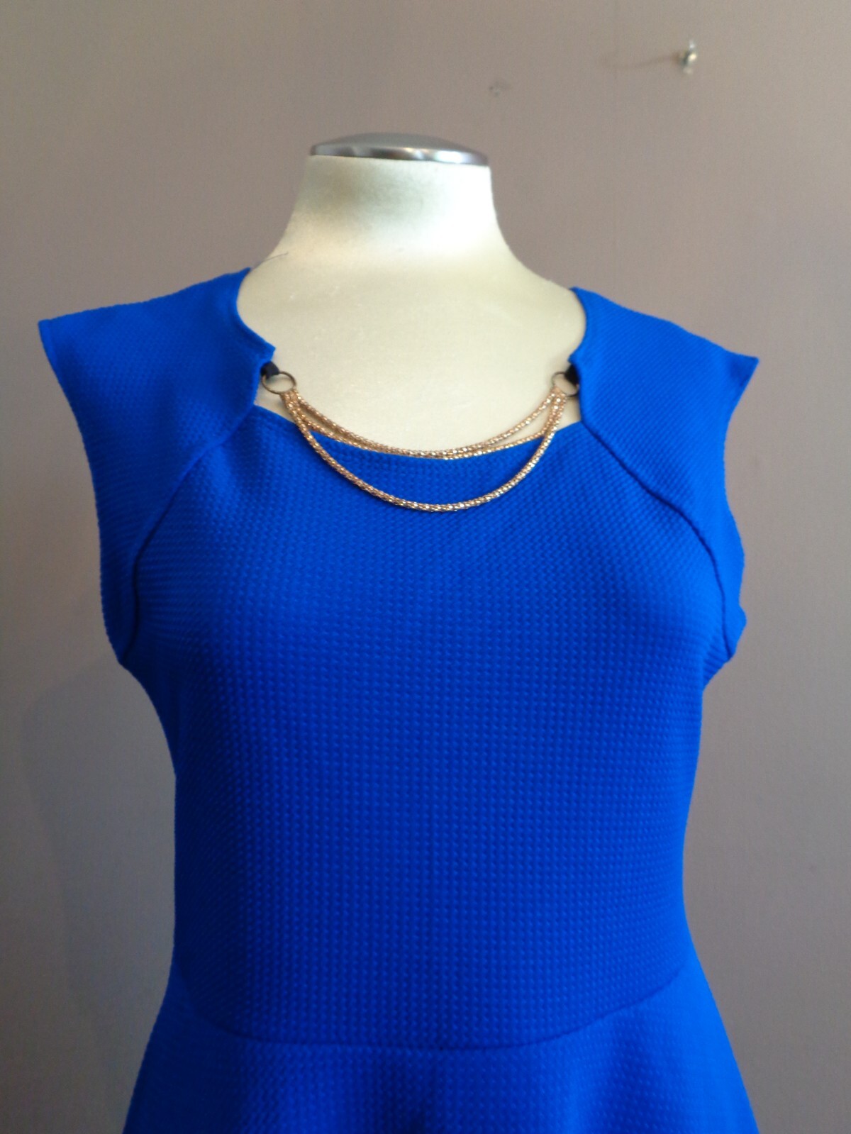 French Atmosphere Dress XL Blue Sleeveless Fit/Flare Stretch Knit Scoop w Chain