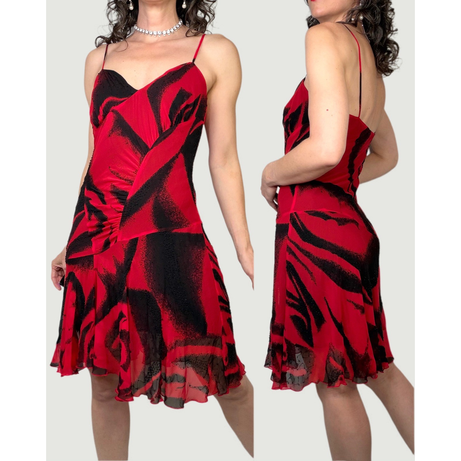Diane von Furstenberg Silk Ruched Beaded Rose Print Slip Dress Floral Red 6