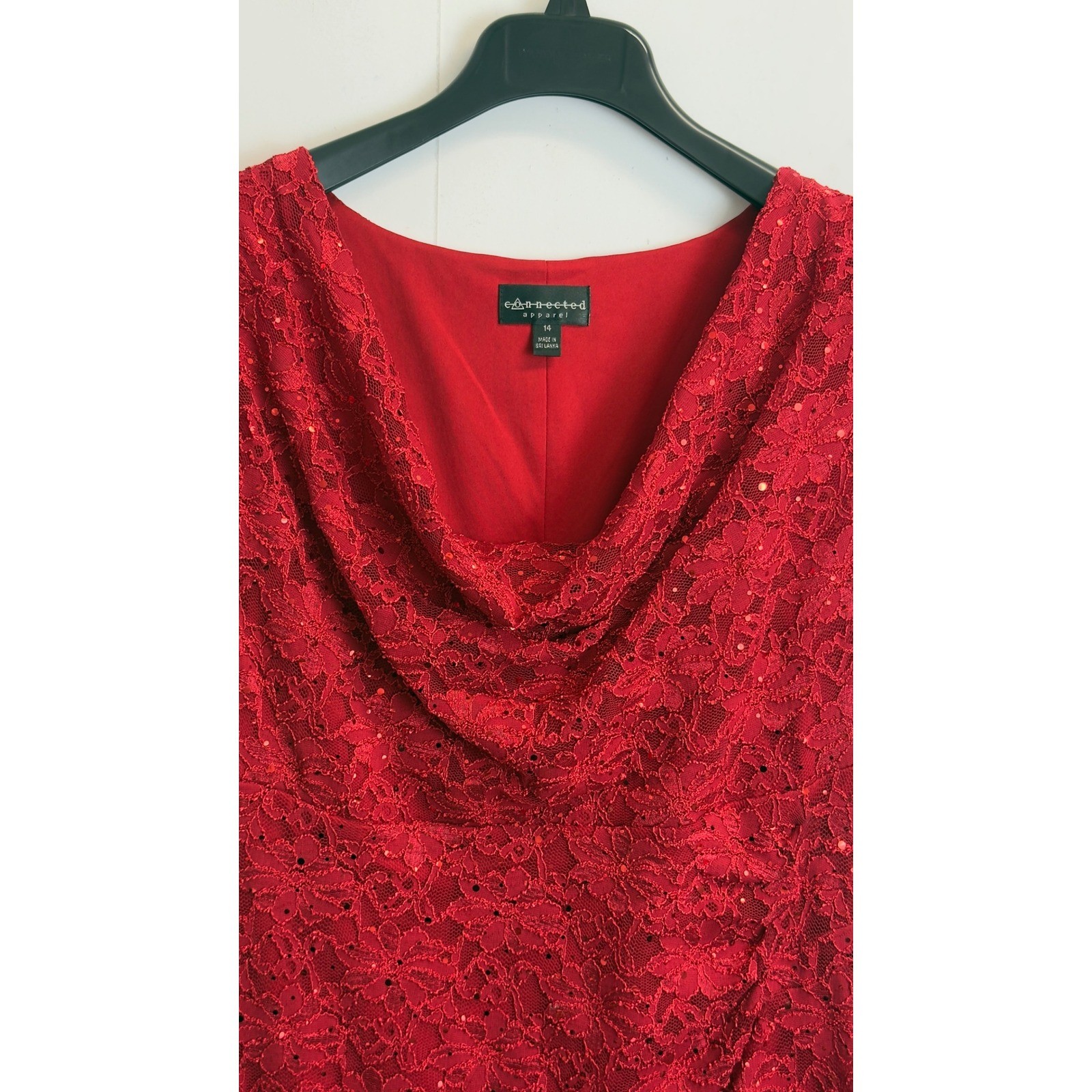 Connected Apparel Red Lace Sequin Cowl Neck Ruched Sheath Dress Womens 14