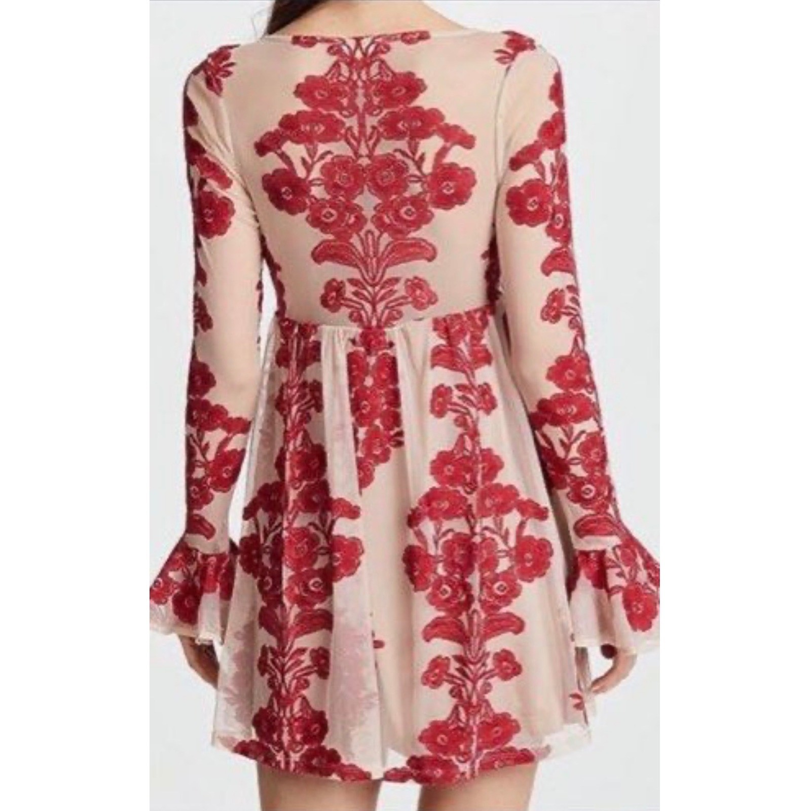For Love & Lemons Temecula Embroidered Mini Dress Red Sand Bell Sleeve XS
