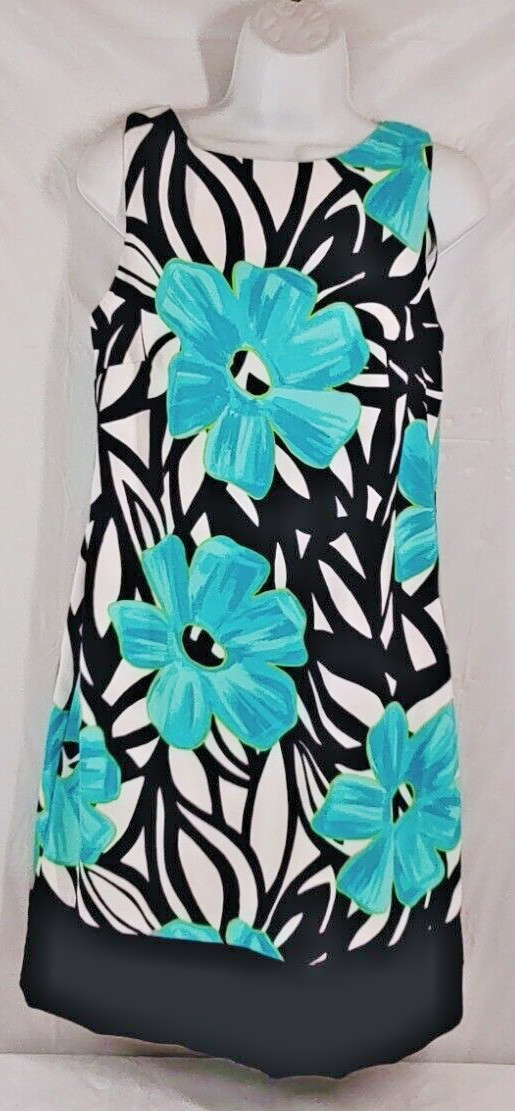 AB Studio Dress 10 Basic Shift Sheath Black Teal Blue Floral Sleeveless Stretch