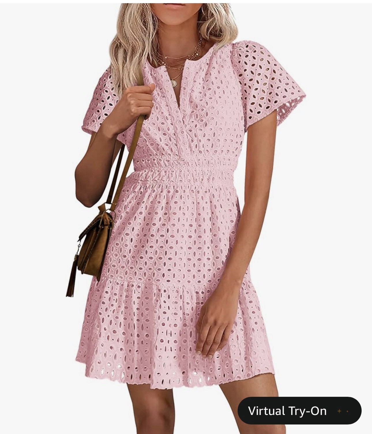 PrettyGarden Pink Eyelet Embroidered V-Neck Fit & Flare Lined Dress M