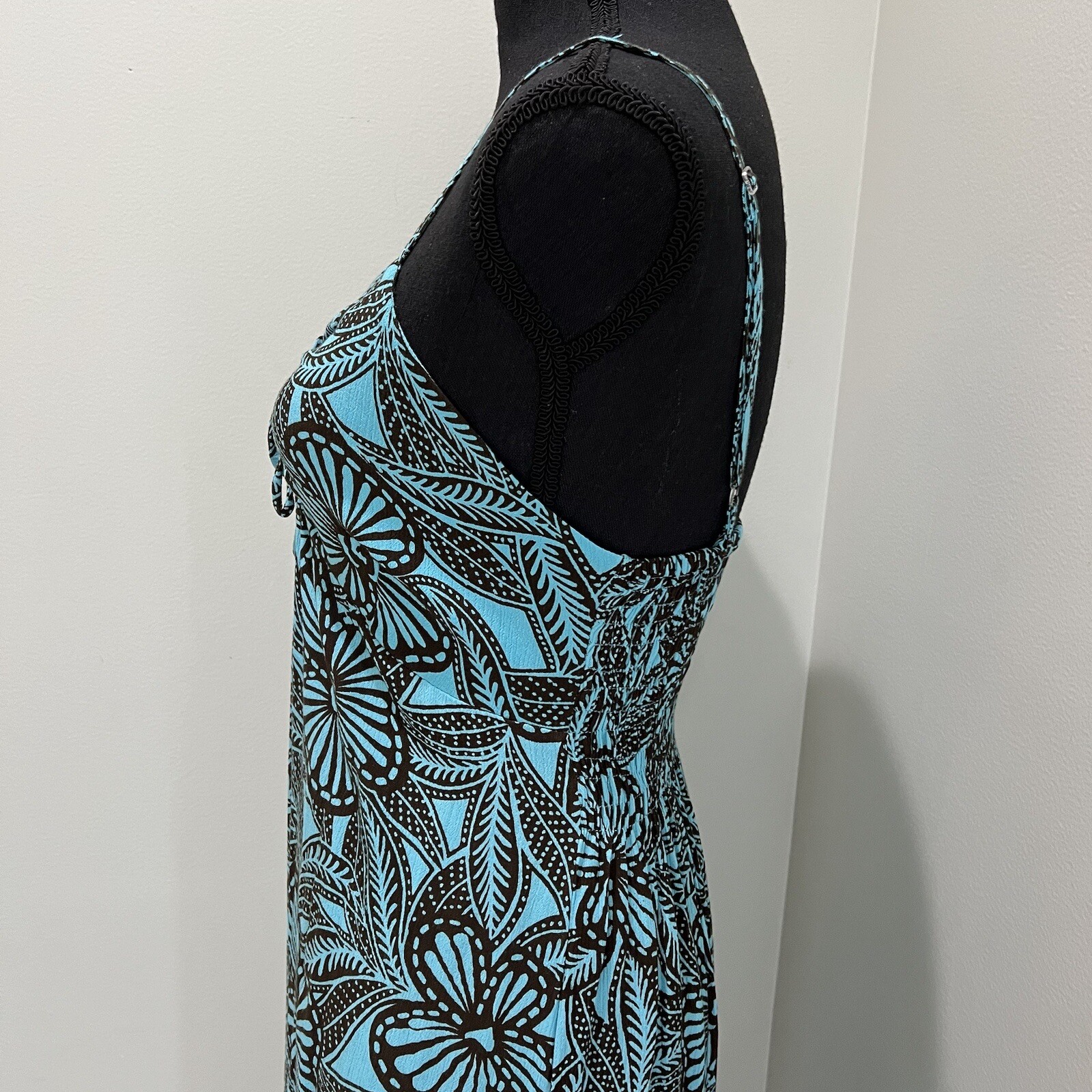 Piramide Clothing Company Handmade Teal & Brown MIDI Dress 100% Rayon Sz M EUC