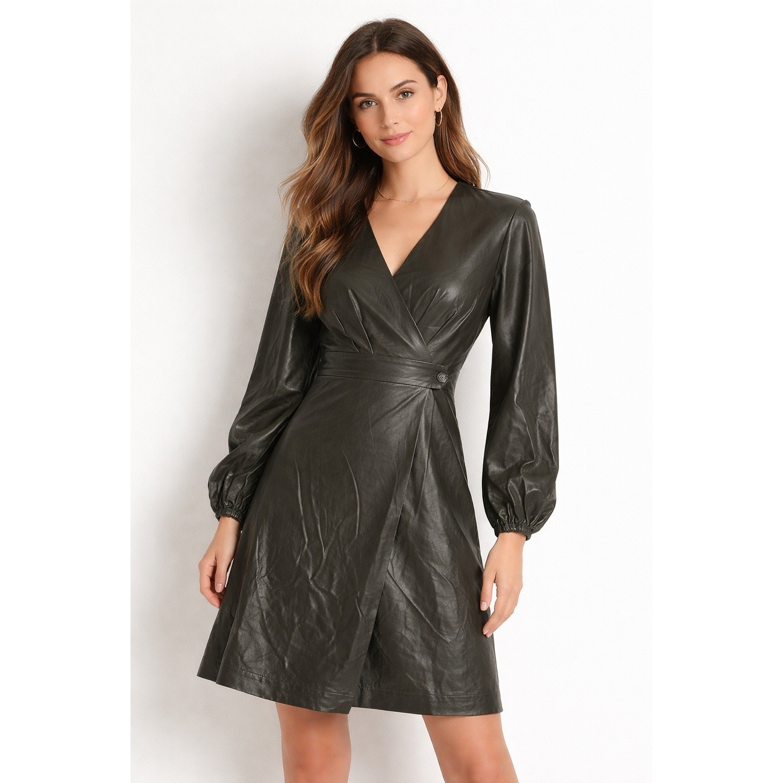 Banana Republic Olive Green Vegan Leather Wrap Midi Dress Bishop Sleeve Size 0