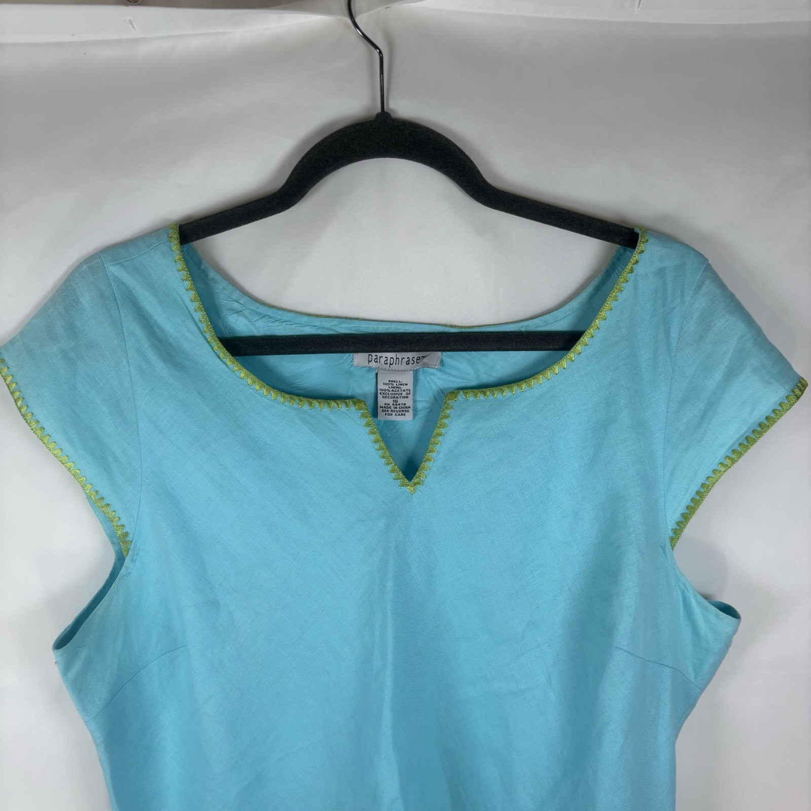 Paraphrase Womens 16 Teal Cap Sleeve Linen Shift Sheath Lined Dress EUC