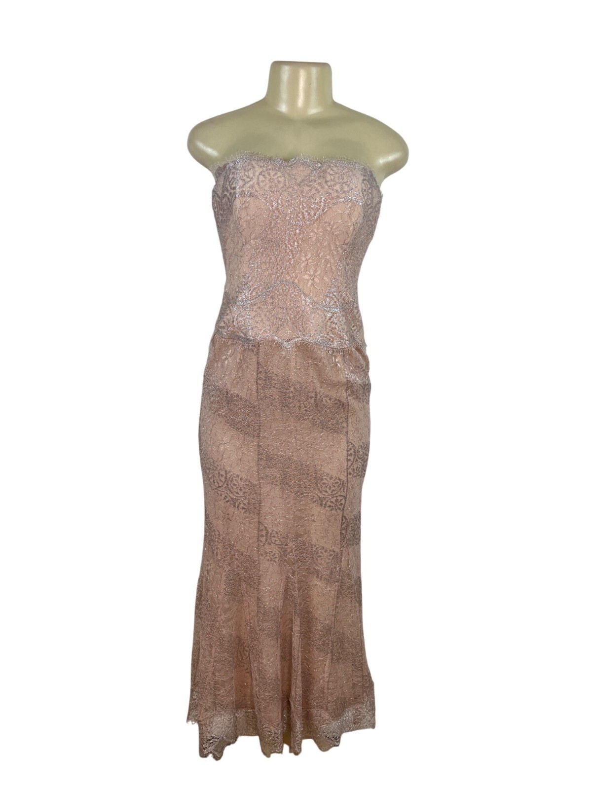 RICKIE FREEMAN Women’s Strapless Lace Midi Dress Silver & Pink Sz 4