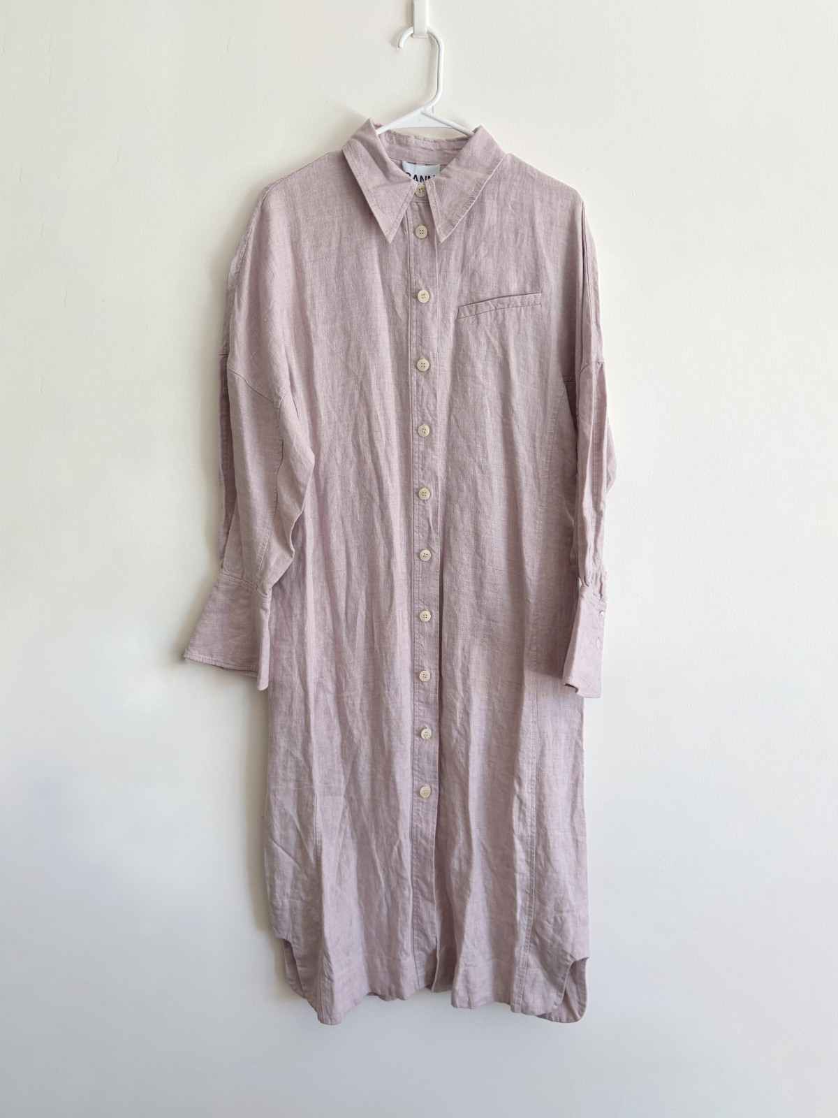Ganni Women’s Lilac Long-Sleeve Hemp Midi Shirt Dress EU 38