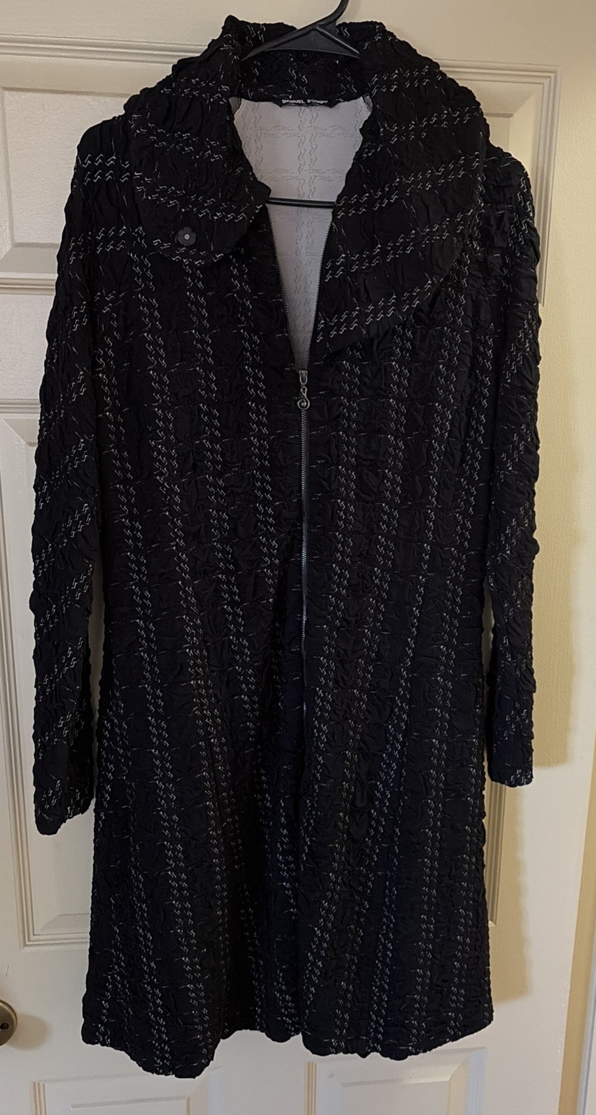 Samuel Dong Black/white Zip Front Dress Coat Sz M Long Sleeve A Line Minimalist