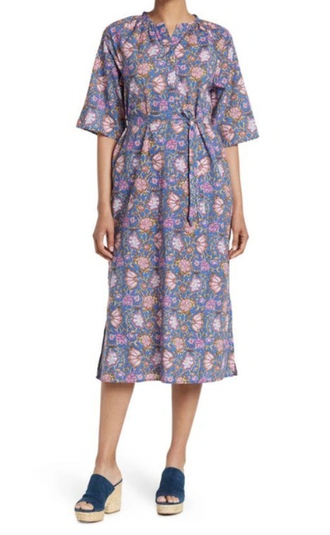 New Maisie dRA Tie Waist Midi Dress Small Blue Floral Blockprint Anthropologie